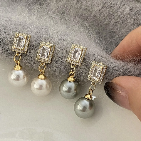 Drop Earrings Rectangular Zircon Geometric Pendant Simulated Artificial Pearl Elegant Luxury Fashion Jewelry For Women