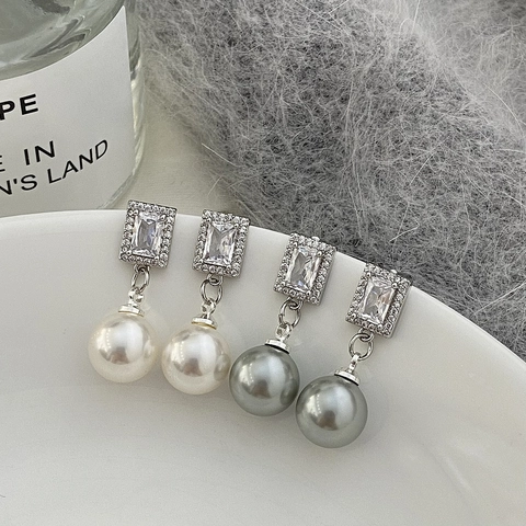 Drop Earrings Rectangular Zircon Geometric Pendant Simulated Artificial Pearl Elegant Luxury Fashion Jewelry For Women