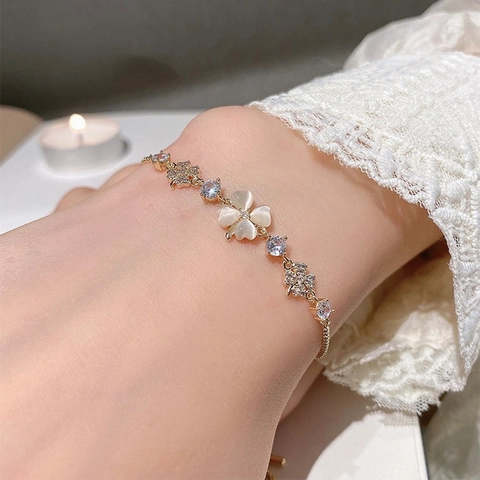 Elegant Flower Bracelet For Women With Cat Eye Stone And Zircon Copper Jewelry Adjustable Slider Clasp Sweet Style