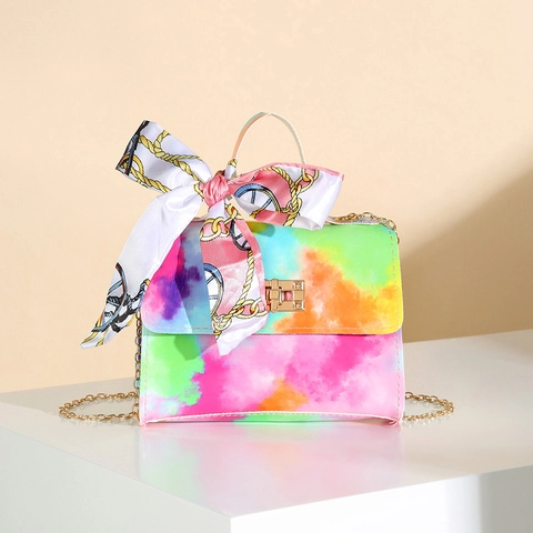 Women Fashion Mini Handbag PU Leather Lace Square Crossbody Bag With Satin Scarf Decoration Gold Twist Lock Chain Strap