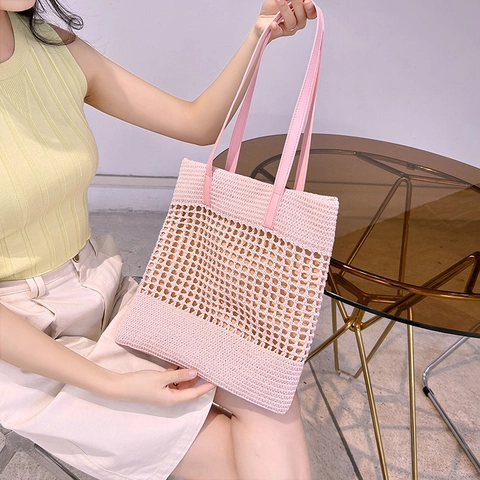 Damen Gewebte Tote Bag Hohl Gehäkelt Große Kapazität Schultertasche Mit PU Ledergriff Für Strand Urlaub Alltag