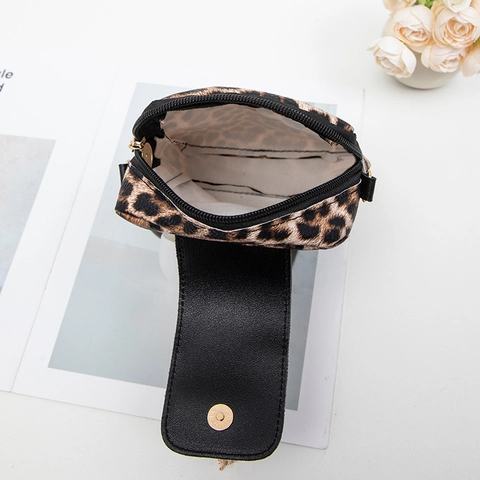 Damen Leopardenmuster PU Leder Handytasche Umhängetasche Mini Vertikale Quadratische Tasche Mit Metallkrone Und Quasten Dekor Kleine Messenger Bag