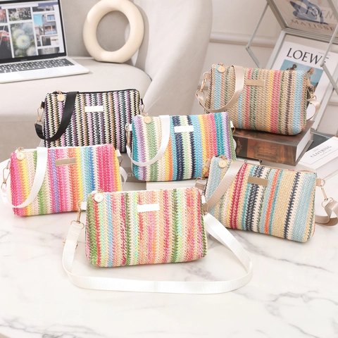 Women Woven Straw Crossbody Bag Colorful Striped Small Square Handbag Summer Vacation Casual Travel With Adjustable Strap