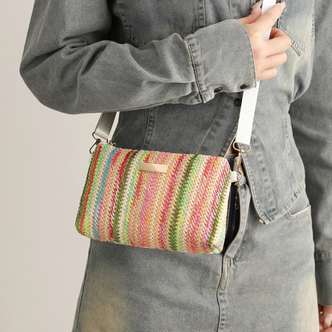 Women Woven Straw Crossbody Bag Colorful Striped Small Square Handbag Summer Vacation Casual Travel With Adjustable Strap