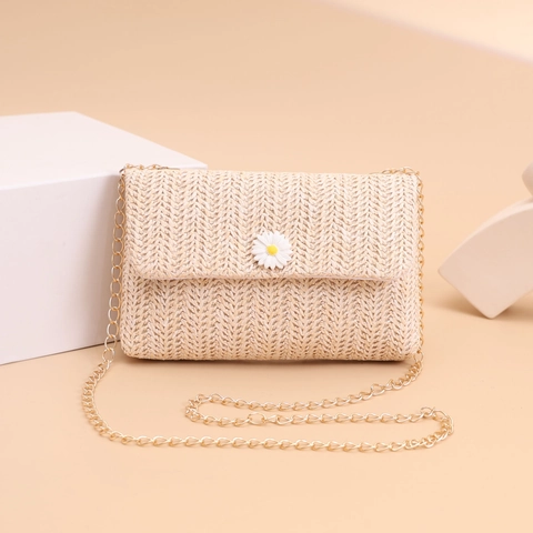 Daisy Flower Woven Straw Crossbody Bag Summer Beach Vacation Shoulder Bag Gold Chain Strap Small Square Bag For Women