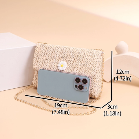 Daisy Flower Woven Straw Crossbody Bag Summer Beach Vacation Shoulder Bag Gold Chain Strap Small Square Bag For Women
