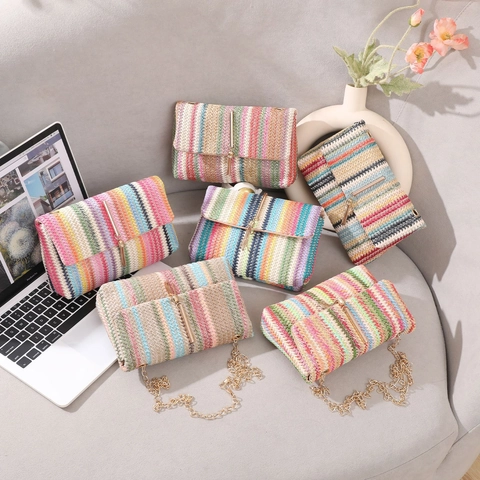 Stroh Gewebte Schultertasche Bunte Regenbogen Gestreifte Crossbody Mit Goldener Kette Quaste Sommerurlaub Bohemian Stil Für Damen