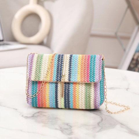 Stroh Gewebte Schultertasche Bunte Regenbogen Gestreifte Crossbody Mit Goldener Kette Quaste Sommerurlaub Bohemian Stil Für Damen
