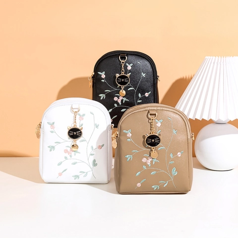 Women's Mini Crossbody Bag PU Leather Floral Embroidery Cat Pendant Double Zipper Golden Chain Strap Elegant Phone Pouch