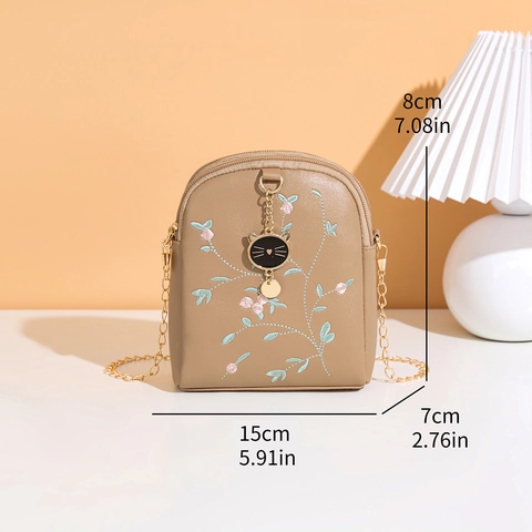 Borsa A Tracolla In Pelle PU Ricamata Con Fiori Per Donna Con Ciondolo A Forma Di Gatto Catena Doppia Cerniera Stile Retrò
