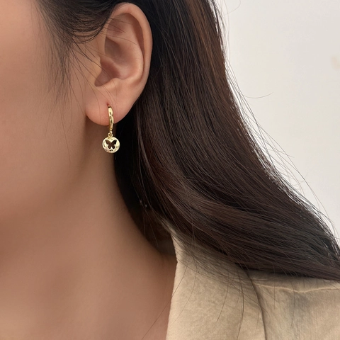 Schmetterling Ausschnitt Rund Anhänger Creolen Kupfer Plattiert Mit 925 Sterling Silber Ohrring Stecker Minimalistisch Damen