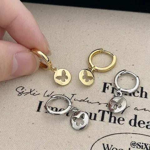 Holle Vlinder Ronde Schijf Hanger Hoop Oorbellen Koper Goud Zilver Verguld Elegant Franse Stijl Sieraden Voor Vrouwen