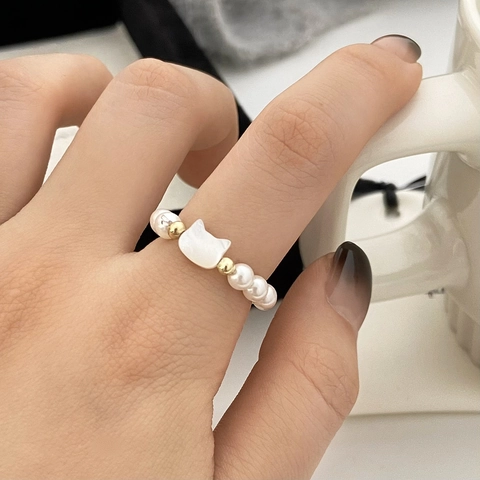 Beaded Ring Imitation Artificial Pearl Elastic Gold Accents Cute Sweet Cat Head Animal Design Fashion Jewelry Gift For Women