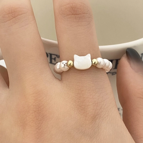 Beaded Ring Imitation Artificial Pearl Elastic Gold Accents Cute Sweet Cat Head Animal Design Fashion Jewelry Gift For Women