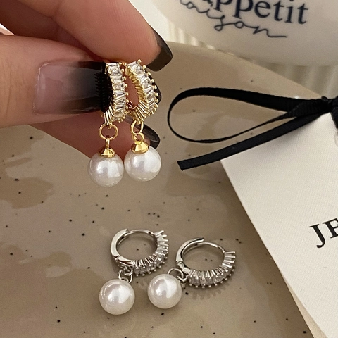 Pendientes Colgantes Elegantes Circonita Perla Artificial Cobre Chapado En Oro Gota Perla Artificial Concha Con Poste De Oreja De Cobre