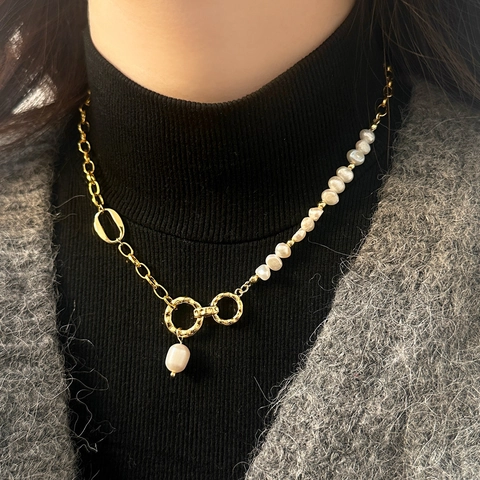Süßwasserperlen Halskette Gold Vergoldet Kupfer Spleißkette Asymmetrische Barock Schlüsselbein Anhänger Für Frauen Elegant