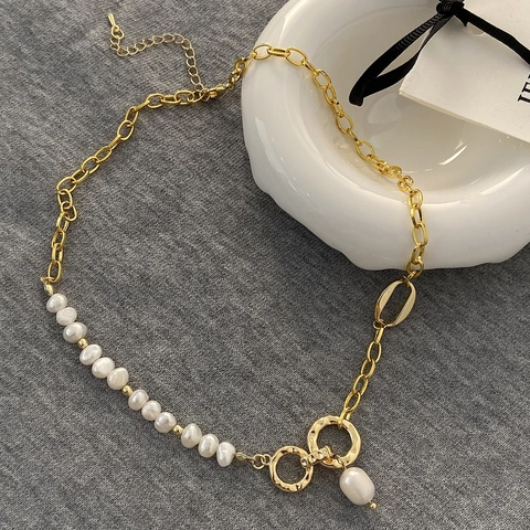 Süßwasserperlen Halskette Gold Vergoldet Kupfer Spleißkette Asymmetrische Barock Schlüsselbein Anhänger Für Frauen Elegant