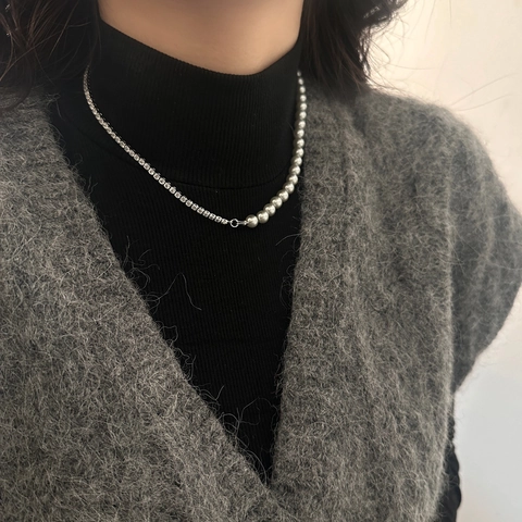 Collana Elegante Con Giunzione Per Donna Imitazione Perla Artificial E Catena Tennis In Zircone Mezzo Design Gioielli