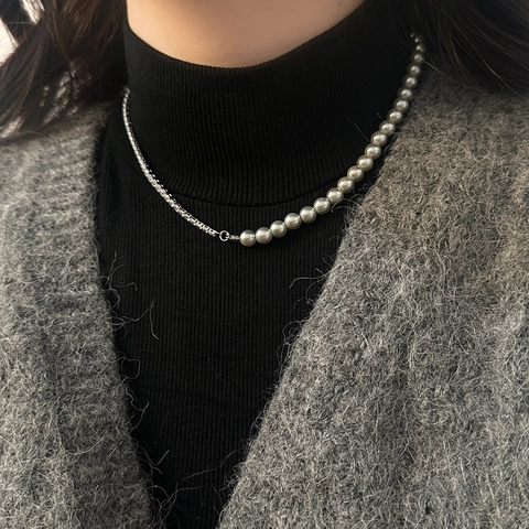 Collana Elegante Con Giunzione Per Donna Imitazione Perla Artificial E Catena Tennis In Zircone Mezzo Design Gioielli