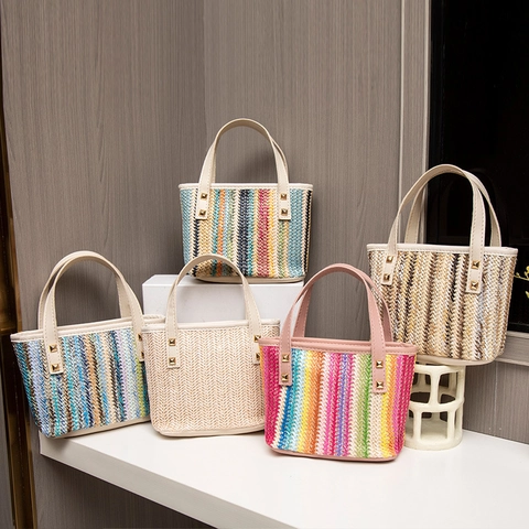 Women Colorful Striped Straw Woven Handbag With PU Handle Metal Rivets Small Beach Tote Bag Bohemian Casual Vacation Purse