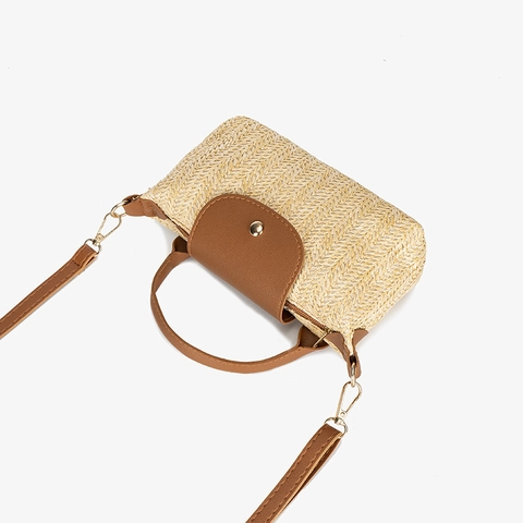 Damen Sommer Stroh Handtasche Mit PU Leder Klappdeckel Kleine Schultertasche Umhängetasche Für Strand Urlaub Alltag