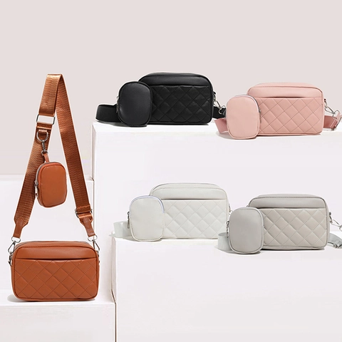 Dames Gewatteerde Crossbody Cameratas PU Leer Ruitpatroon Handtas Met Afneembaar Rond Munttasje Verstelbare Band