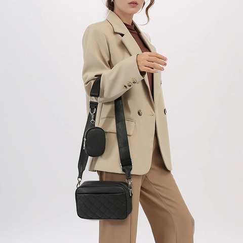 Dames Gewatteerde Crossbody Cameratas PU Leer Ruitpatroon Handtas Met Afneembaar Rond Munttasje Verstelbare Band