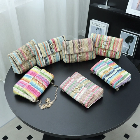 Borsa A Tracolla In Paglia Intrecciata Arcobaleno Colorata Donna Catena Borsa A Spalla Estate Vacanze Bohémien Chiusura Orecchio Gatto Perla Artificial