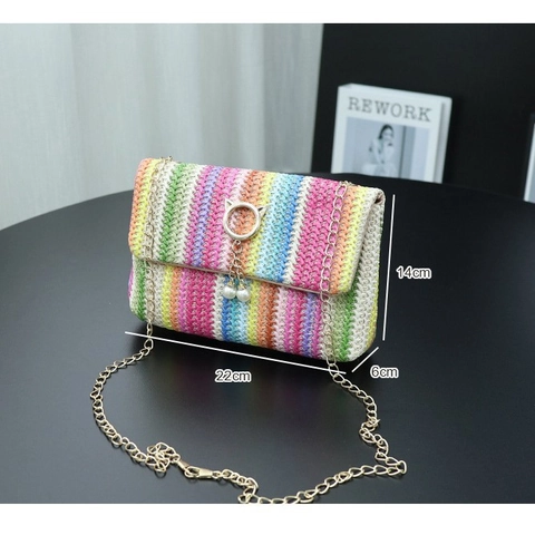 Borsa A Tracolla In Paglia Intrecciata Arcobaleno Colorata Donna Catena Borsa A Spalla Estate Vacanze Bohémien Chiusura Orecchio Gatto Perla Artificial