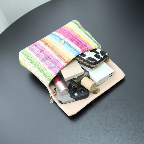 Bolso Bandolera Tejido De Rayas Arcoíris Con Cadena De Metal Y Adorno De Perlas Artificiales Bolso De Hombro De Paja Para Mujer