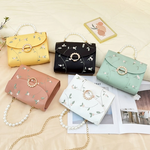 Women Floral Embroidery Artificial Pearl Handle Shoulder Bag Sweet PU Leather Small Square Crossbody Bag With Metal Chain Handbag
