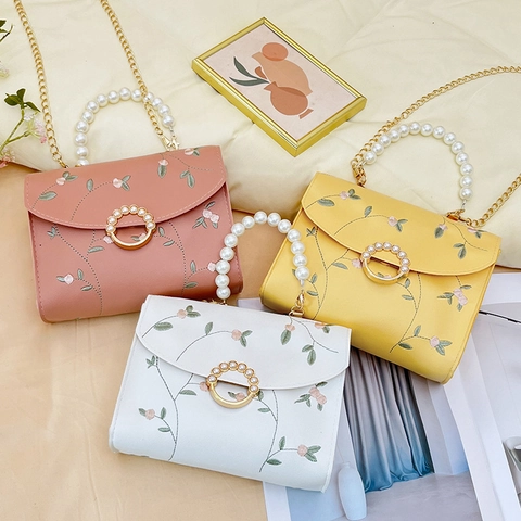 Women Floral Embroidery Artificial Pearl Handle Shoulder Bag Sweet PU Leather Small Square Crossbody Bag With Metal Chain Handbag