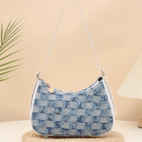 Borsa A Spalla Sottoascella Donna Paglia Intrecciata Denim Scacchiera Arcobaleno Righe Frange Casual Mezzaluna Hobo A Mano