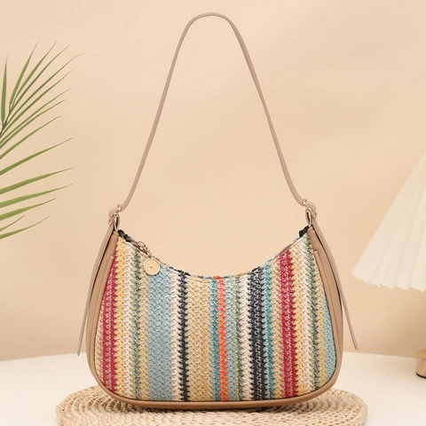 Borsa A Spalla Sottoascella Donna Paglia Intrecciata Denim Scacchiera Arcobaleno Righe Frange Casual Mezzaluna Hobo A Mano