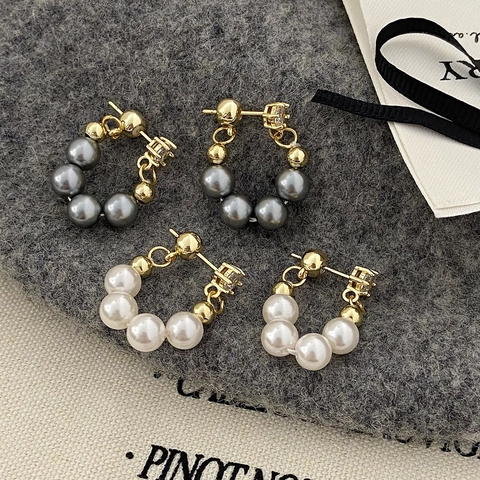 C-Shape Artificial Pearl Hoop Earrings With Copper Earring Post And Zircon Elegant Minimalist Fashion Accessory For Women