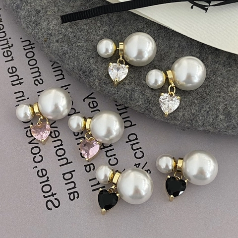 French Style Front Back Artificial Pearl Earrings Heart Shaped Zircon Pendant Alloy Elegant Fashion Jewelry Women Copper Earring Post