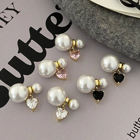 French Style Front Back Artificial Pearl Earrings Heart Shaped Zircon Pendant Alloy Elegant Fashion Jewelry Women Copper Earring Post