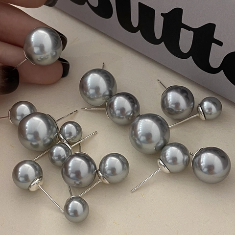 Pendientes De Perlas Artificiales Redondas Grises Con Poste De Plata Joyería Elegante Vintage Francesa Regalo Para Mujeres