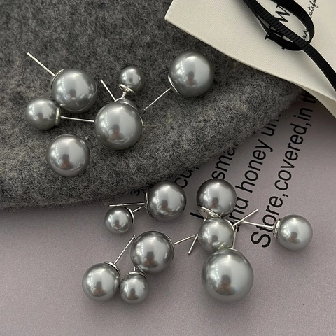 Pendientes De Perlas Artificiales Redondas Grises Con Poste De Plata Joyería Elegante Vintage Francesa Regalo Para Mujeres