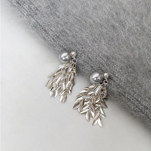 Elegant Leaf Tassel Dangle Earrings For Women Copper Metal Shell Artificial Pearl Convertible Design Minimalist Lightweight Luxury Style