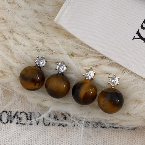 Tiger Eye And Zircon Stud Earrings Vintage Elegant Round Gemstone Ear Jewelry For Women