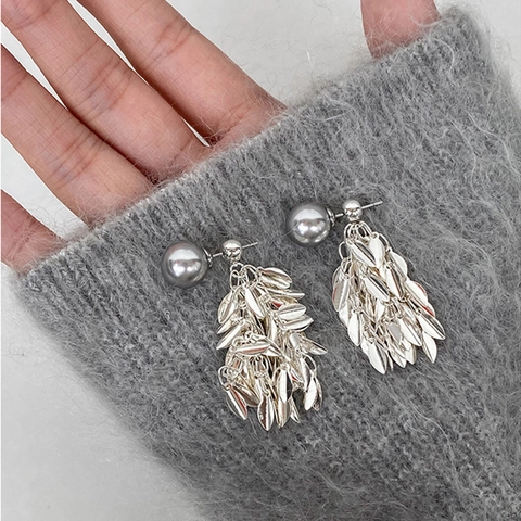 Elegant Leaf Tassel Dangle Earrings For Women Copper Metal Shell Artificial Pearl Convertible Design Minimalist Lightweight Luxury Style
