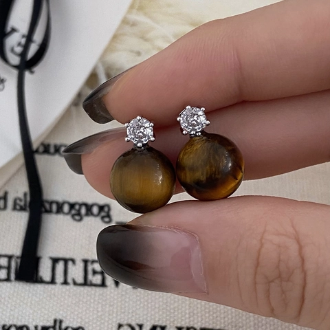 Tiger Eye And Zircon Stud Earrings Vintage Elegant Round Gemstone Ear Jewelry For Women
