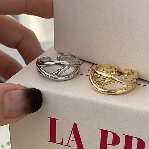 Minimalist Geometric Line Cross And Sphere Open Adjustable Ring Copper Gold Silver Plated Jewelry For Women Men