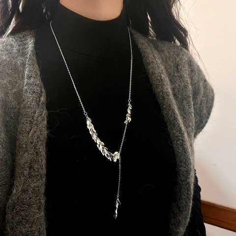 Collar En Y Con Borla De Hojas De Metal Cobre Elegante Colgante De Hoja Delicada Joyería Para Mujeres