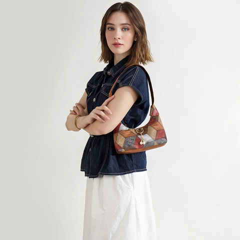 Borsa A Spalla Sottobraccio Patchwork Retrò Donna Pelle PU Multicolore Trama Geometrica Testa Di Gatto Perla Artificial Pendente Chiusura A Zip