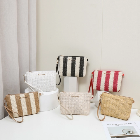 Women Summer Woven Straw Crossbody Bag Striped Pattern Fashion Shoulder Handbag Synthetic Leather Strap Zip Closure