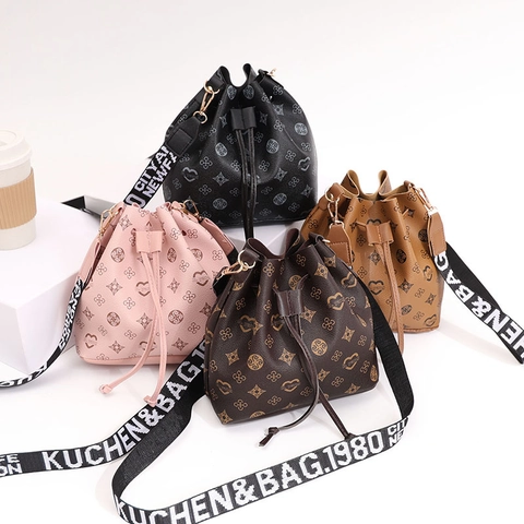 Women Bucket Bag PU Leather Monogram Print Drawstring Crossbody With Wide Letter Strap Fashion Casual Commuting