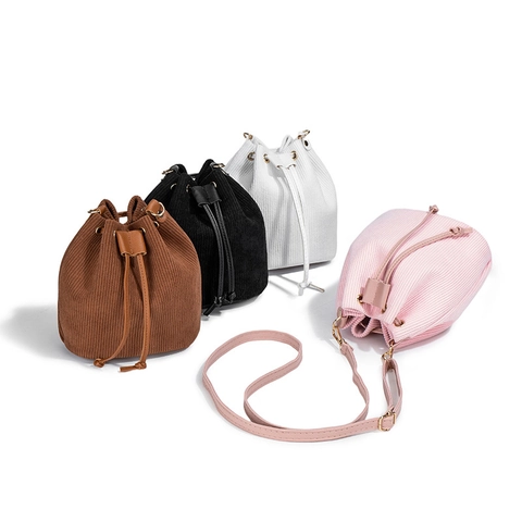 Bolso De Cubo Con Cordón De Pana Para Mujer Color Sólido Bolso De Hombro Retro Estilo Simple De Ocio Correa PU Dorado