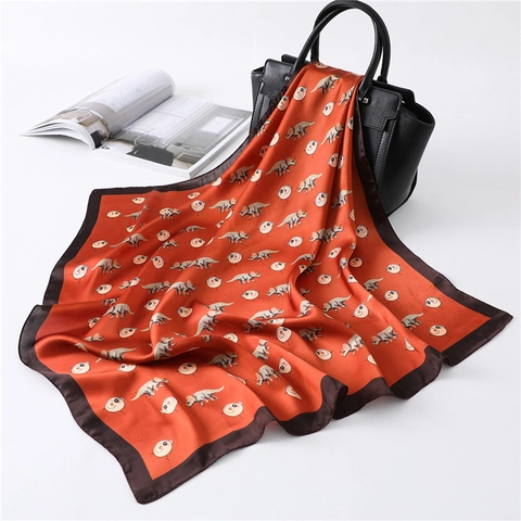 Women Square Scarf Imitation Satin Polyester Cartoon Dinosaur Triceratops Print Elegant Neck Tie Bag Hair Wrap Accessory